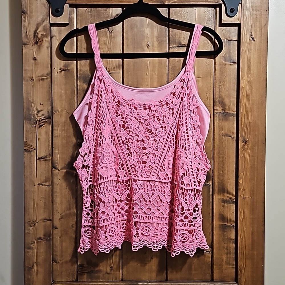 Charlie Paige Pink Crochet with Silky Liner Cami Tank Top Size Medium